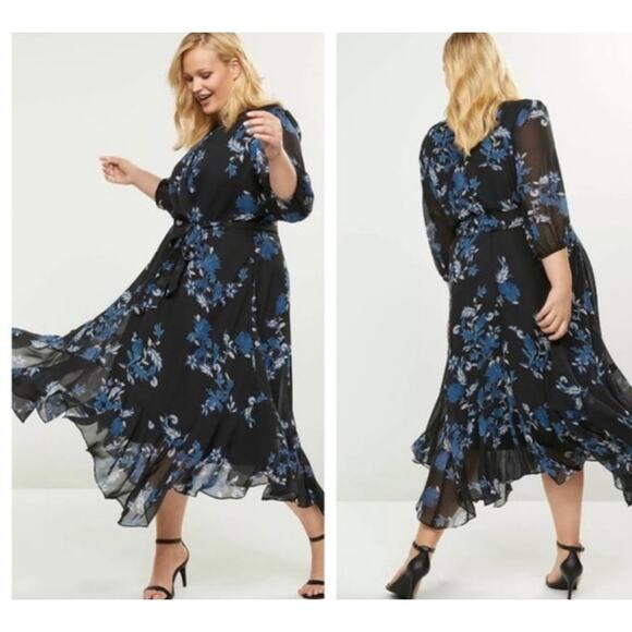 Lane Bryant Black Blue Floral 3/4 Sleeve Asymmetrical Hem Lined Midi Dress Sz 20 - Picture 1 of 13